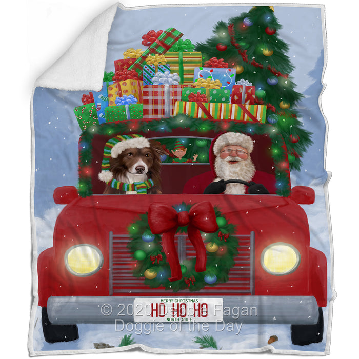 Christmas Honk Honk Red Truck Here Comes with Santa and Border Collie Dog Blanket BLNKT140758