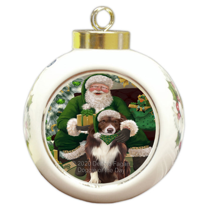 Christmas Irish Santa with Gift and Border Collie Dog Round Ball Christmas Ornament RBPOR57908