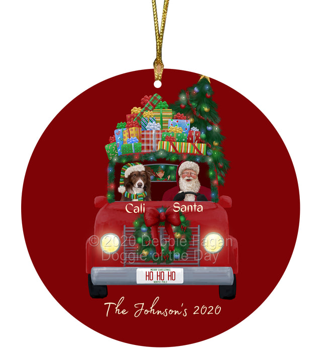 Personalized Christmas Honk Honk Red Truck Here Comes with Santa and Border Collie Dog Round Flat Ornament PRBPOR59058