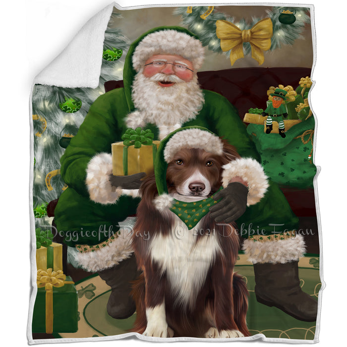 Christmas Irish Santa with Gift and Border Collie Dog Blanket BLNKT141248
