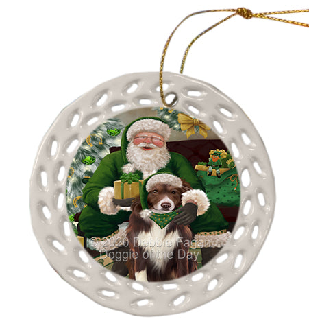 Christmas Irish Santa with Gift and Border Collie Dog Doily Ornament DPOR59470