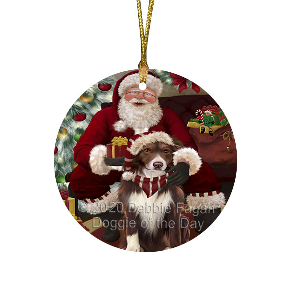 Santa's Christmas Surprise Border Collie Dog Round Flat Christmas Ornament RFPOR58006