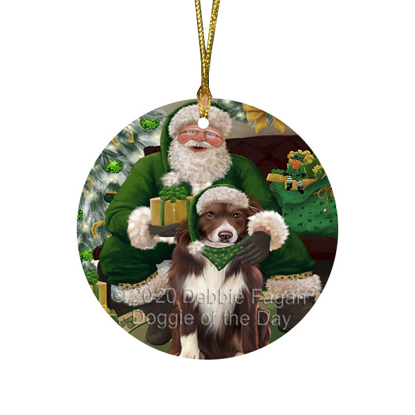 Christmas Irish Santa with Gift and Border Collie Dog Round Flat Christmas Ornament RFPOR57908