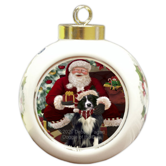 Santa's Christmas Surprise Border Collie Dog Round Ball Christmas Ornament RBPOR58007