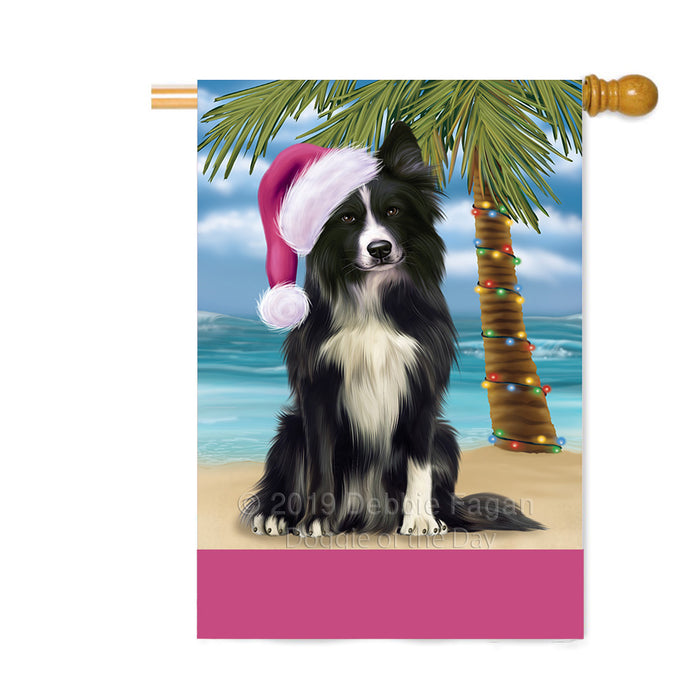 Personalized Summertime Happy Holidays Christmas Border Collie Dog on Tropical Island Beach Custom House Flag FLG-DOTD-A60479