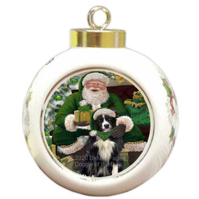 Christmas Irish Santa with Gift and Border Collie Dog Round Ball Christmas Ornament RBPOR57909