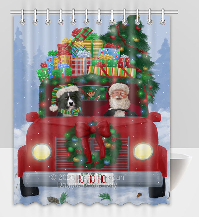 Christmas Honk Honk Red Truck Here Comes with Santa and Border Collie Dog Shower Curtain Bathroom Accessories Decor Bath Tub Screens SC021