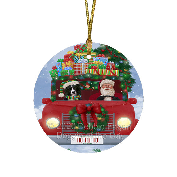Christmas Honk Honk Red Truck Here Comes with Santa and Border Collie Dog Round Flat Christmas Ornament RFPOR57811