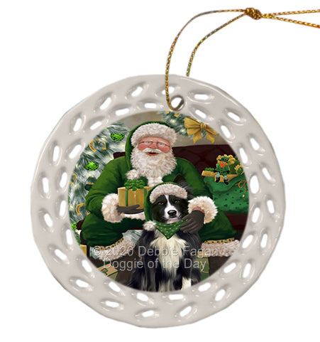 Christmas Irish Santa with Gift and Border Collie Dog Doily Ornament DPOR59471