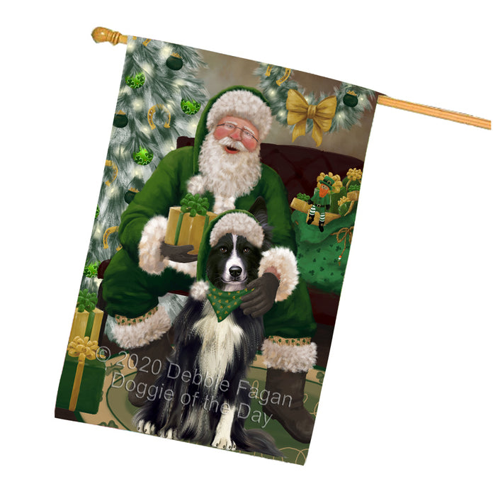 Christmas Irish Santa with Gift and Border Collie Dog House Flag FLG66681