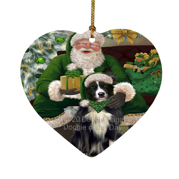 Christmas Irish Santa with Gift and Border Collie Dog Heart Christmas Ornament RFPOR58250