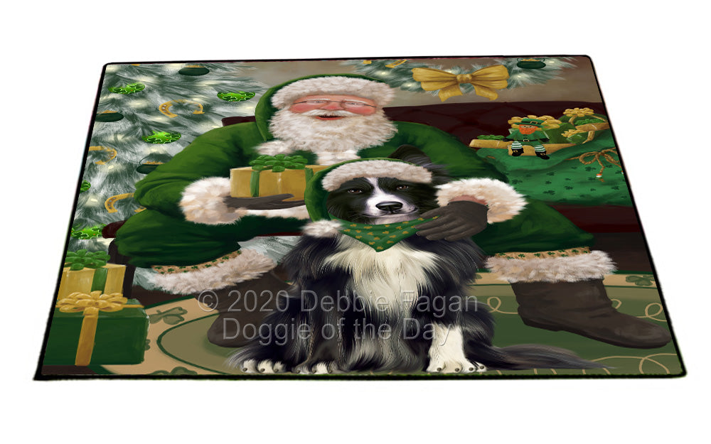 Christmas Irish Santa with Gift and Border Collie Dog Indoor/Outdoor Welcome Floormat - Premium Quality Washable Anti-Slip Doormat Rug FLMS57100