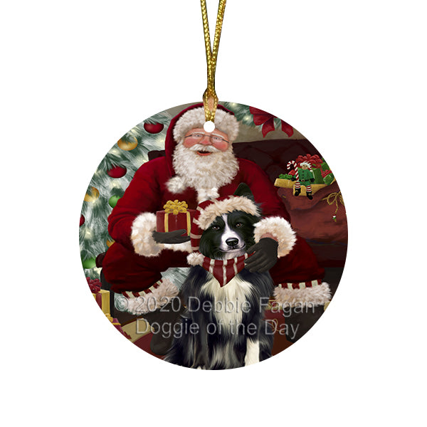 Santa's Christmas Surprise Border Collie Dog Round Flat Christmas Ornament RFPOR58007