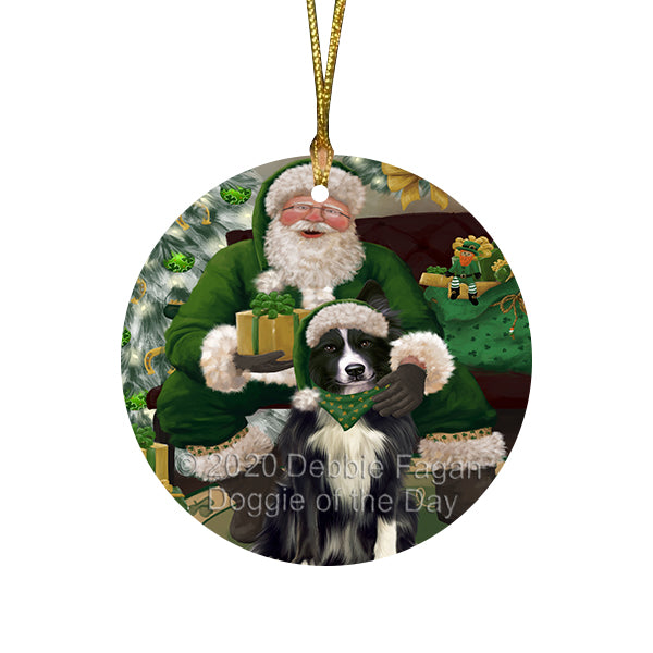 Christmas Irish Santa with Gift and Border Collie Dog Round Flat Christmas Ornament RFPOR57909