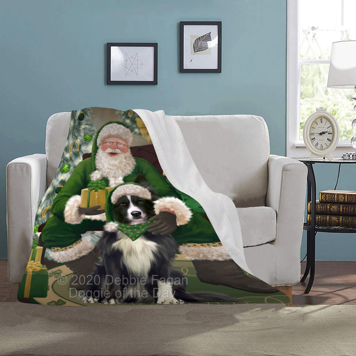 Christmas Irish Santa with Gift and Border Collie Dog Blanket BLNKT141253