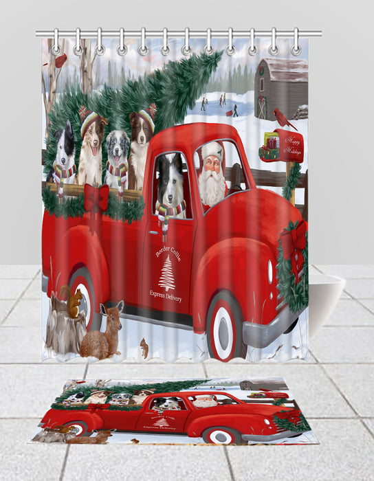 Christmas Santa Express Delivery Red Truck Border Collie Dogs Bath Mat and Shower Curtain Combo