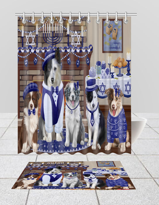 Happy Hanukkah Family Border Collie Dogs Bath Mat and Shower Curtain Combo