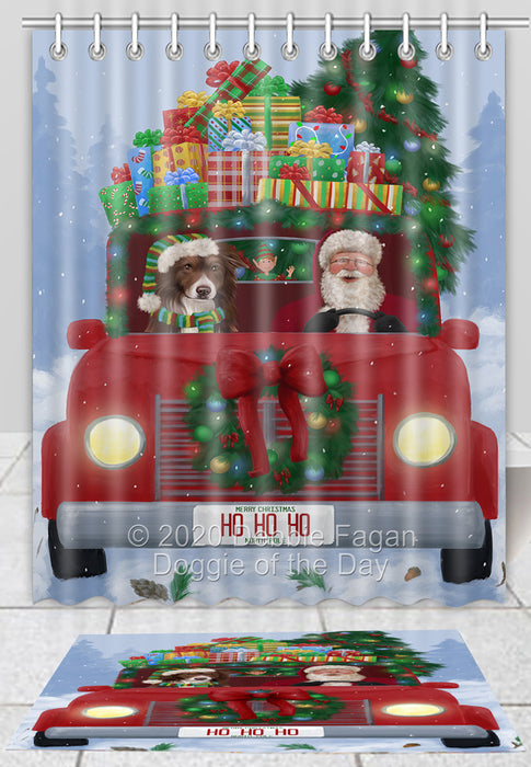 Christmas Honk Honk Red Truck Here Comes with Santa and Border Collie Dog Bath Mat and Shower Curtain Combo
