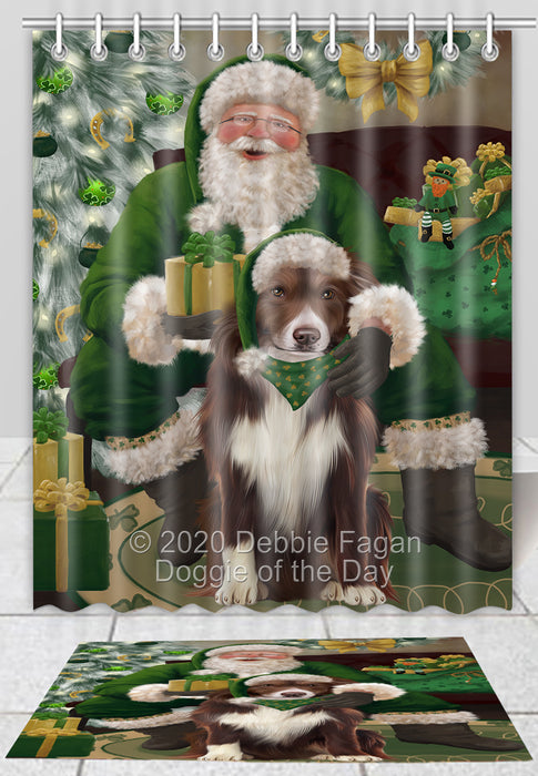 Christmas Irish Santa with Gift Border Collie Dog Bath Mat and Shower Curtain Combo