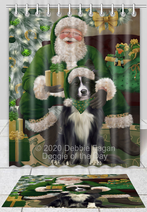 Christmas Irish Santa with Gift Border Collie Dog Bath Mat and Shower Curtain Combo