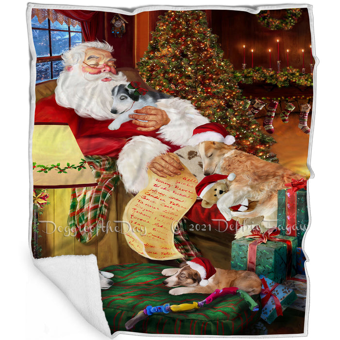 Borzoi Dog and Puppies Sleeping with Santa Blanket