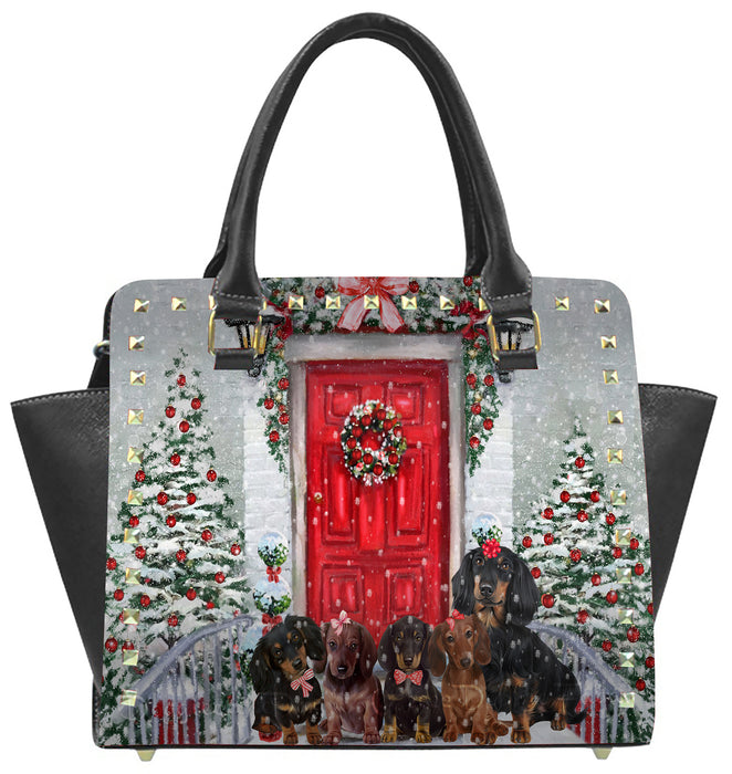 Christmas Holiday Welcome Red Door Dachshund Dog on Rivet Shoulder Bag