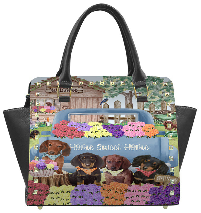 Rhododendron Home Sweet Home Garden Blue Truck Dachshund Dog on Rivet Shoulder Bag