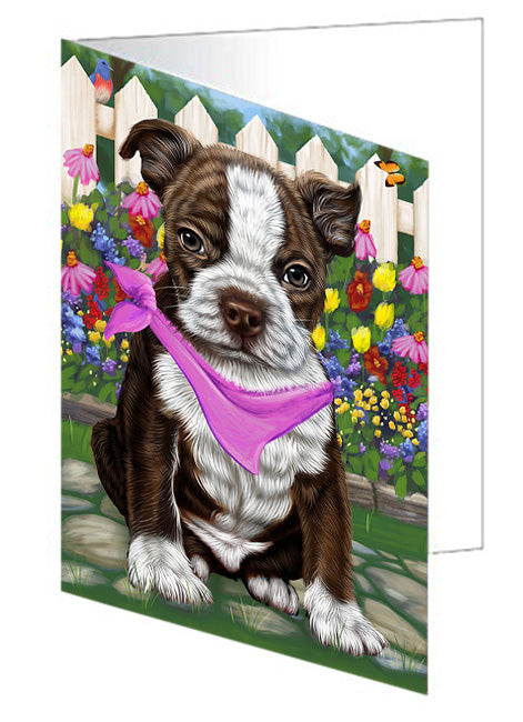 Spring Floral Boston Terrier Dog Handmade Artwork Assorted Pets Greeting Cards and Note Cards with Envelopes for All Occasions and Holiday Seasons GCD53450