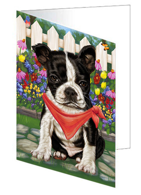 Spring Floral Boston Terrier Dog Handmade Artwork Assorted Pets Greeting Cards and Note Cards with Envelopes for All Occasions and Holiday Seasons GCD53441