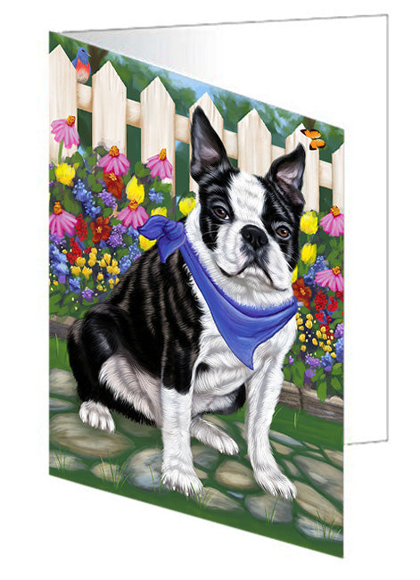 Spring Dog House Boston Terriers Dog Handmade Artwork Assorted Pets Greeting Cards and Note Cards with Envelopes for All Occasions and Holiday Seasons GCD53444