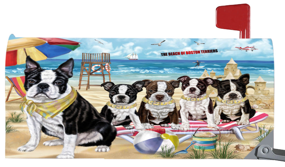 Pet Friendly Beach Boston Terrier Dogs Magnetic Mailbox Cover Both Sides Pet Theme Printed Decorative Letter Box Wrap Case Postbox Thick Magnetic Vinyl Material