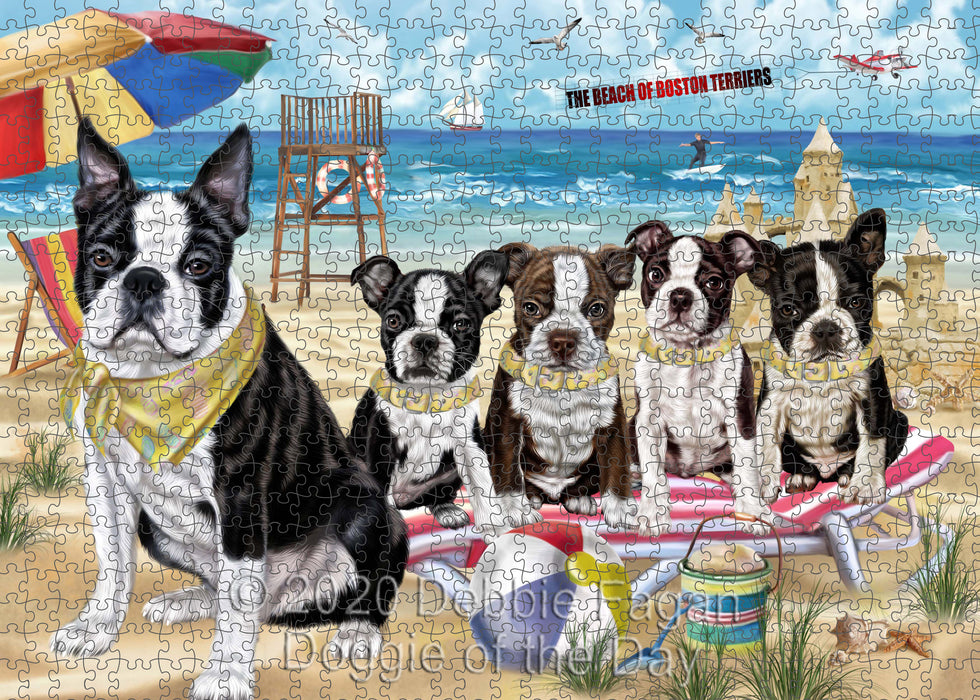 Pet Friendly Beach Boston Terrier Dogs Portrait Jigsaw Puzzle for Adults Animal Interlocking Puzzle Game Unique Gift for Dog Lover's with Metal Tin Box