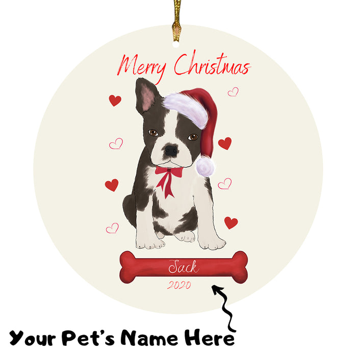 Personalized Merry Christmas  Boston Terrier Dog Christmas Tree Round Flat Ornament RBPOR58926
