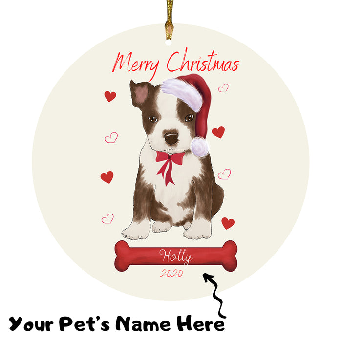 Personalized Merry Christmas  Boston Terrier Dog Christmas Tree Round Flat Ornament RBPOR58927