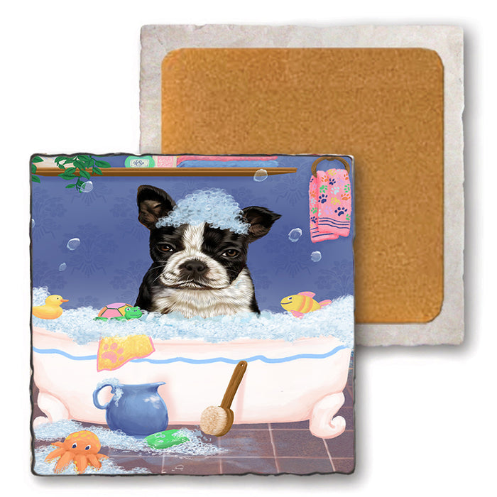 Rub A Dub Dog In A Tub Boston Terrier Dog Set of 4 Natural Stone Marble Tile Coasters MCST52320