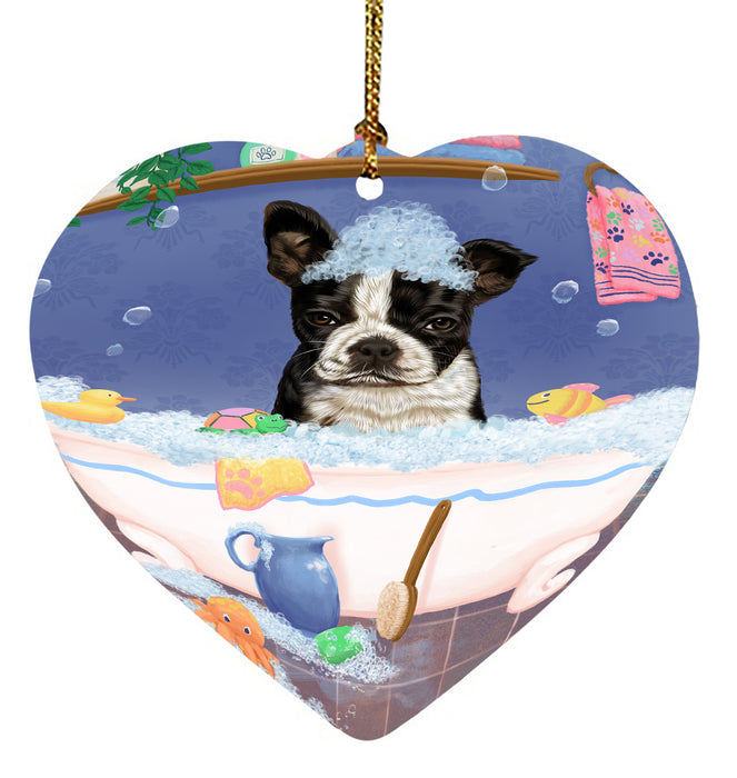 Rub A Dub Dog In A Tub Boston Terrier Dog Heart Christmas Ornament HPORA58560