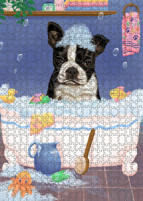 Rub A Dub Dog In A Tub Boston Terrier Dog Portrait Jigsaw Puzzle for Adults Animal Interlocking Puzzle Game Unique Gift for Dog Lover's with Metal Tin Box PZL232