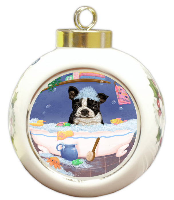 Rub A Dub Dog In A Tub Boston Terrier Dog Round Ball Christmas Ornament RBPOR58544
