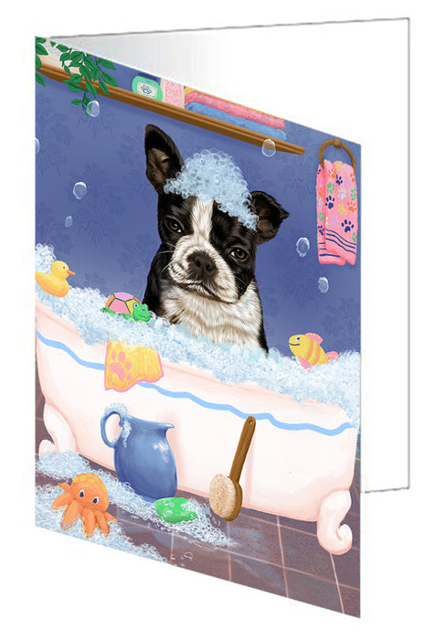 Rub A Dub Dog In A Tub Boston Terrier Dog Handmade Artwork Assorted Pets Greeting Cards and Note Cards with Envelopes for All Occasions and Holiday Seasons GCD79274