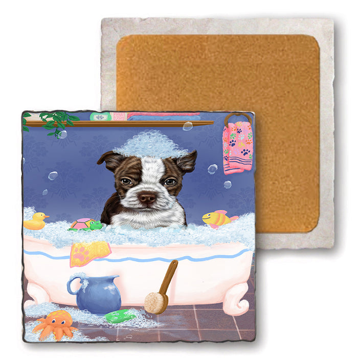 Rub A Dub Dog In A Tub Boston Terrier Dog Set of 4 Natural Stone Marble Tile Coasters MCST52321