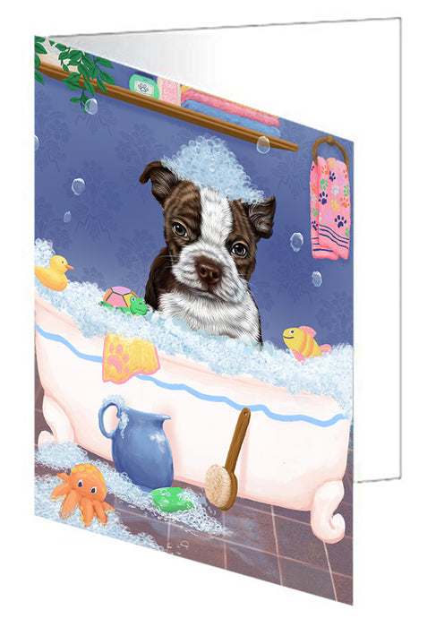 Rub A Dub Dog In A Tub Boston Terrier Dog Handmade Artwork Assorted Pets Greeting Cards and Note Cards with Envelopes for All Occasions and Holiday Seasons GCD79277