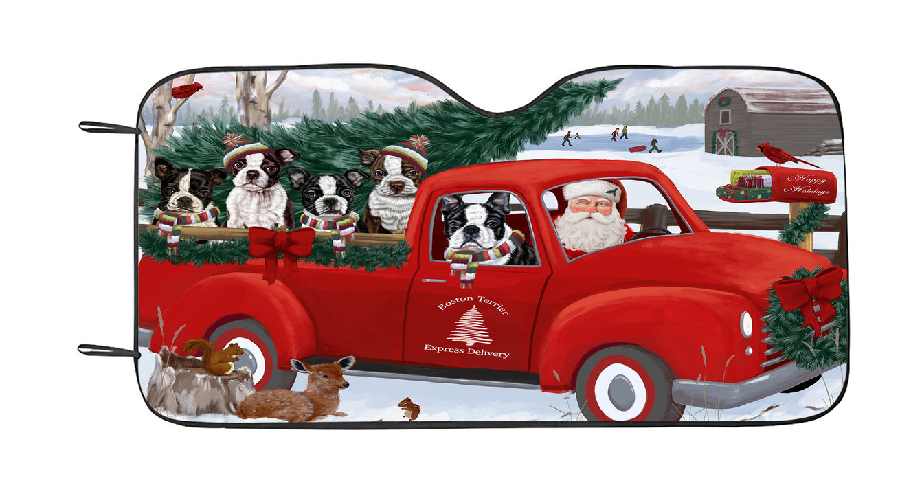 Christmas Santa Express Delivery Red Truck Boston Terrier Dogs Car Sun Shade