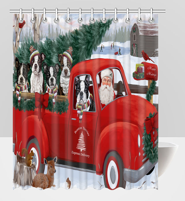 Christmas Santa Express Delivery Red Truck Boston Terrier Dogs Shower Curtain