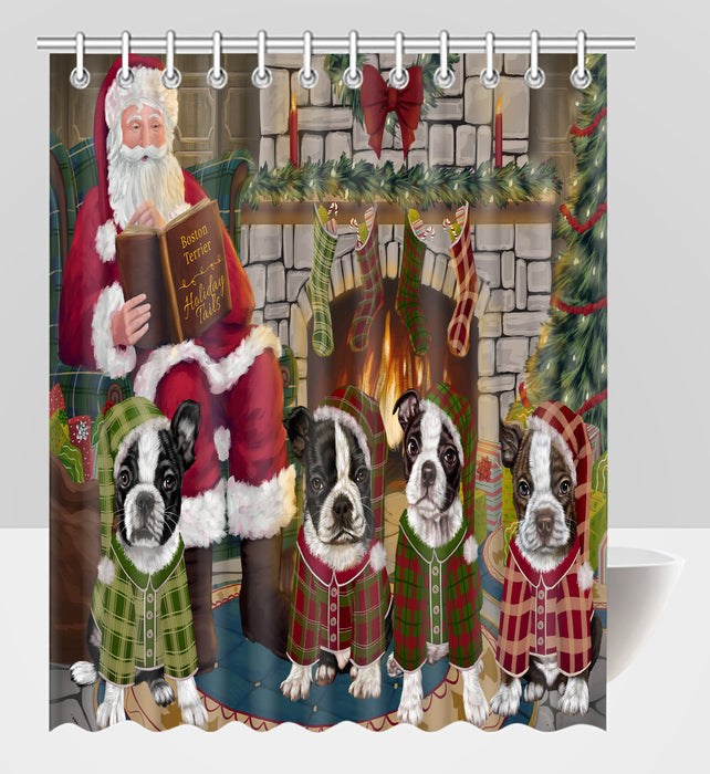 Christmas Cozy Holiday Fire Tails Boston Terrier Dogs Shower Curtain