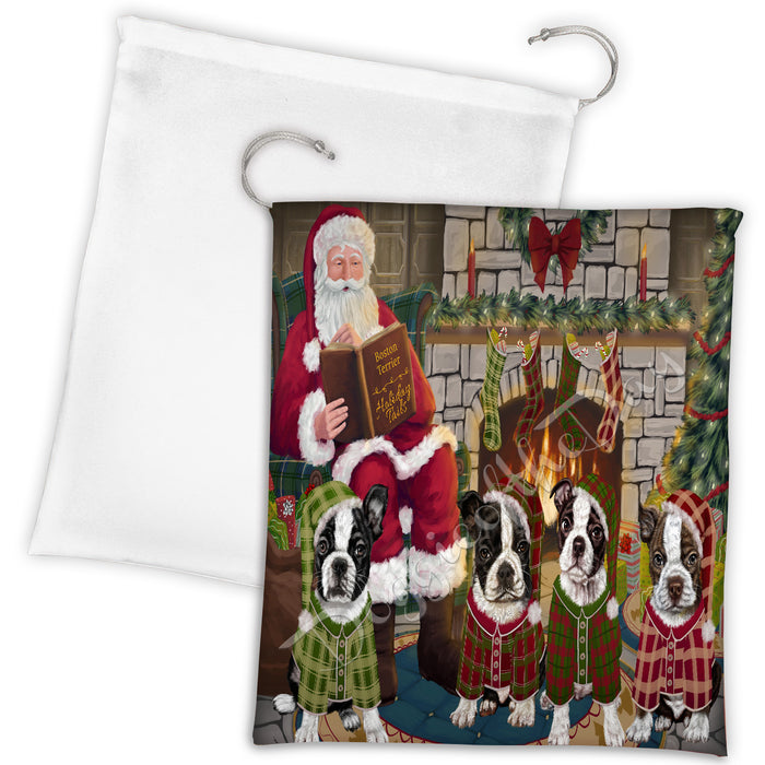 Christmas Cozy Holiday Fire Tails Boston Terrier Dogs Drawstring Laundry or Gift Bag LGB48481
