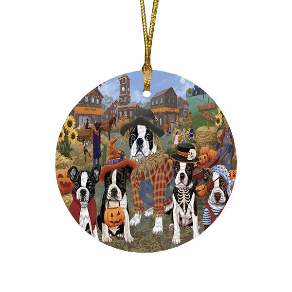 Halloween 'Round Town And Fall Pumpkin Scarecrow Both Boston Terrier Dogs Round Flat Christmas Ornament RFPOR57383