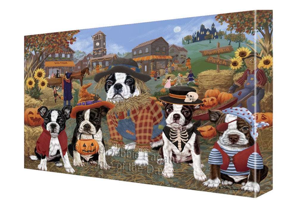 Halloween 'Round Town And Fall Pumpkin Scarecrow Both Boston Terrier Dogs Canvas Print Wall Art Décor CVS139400