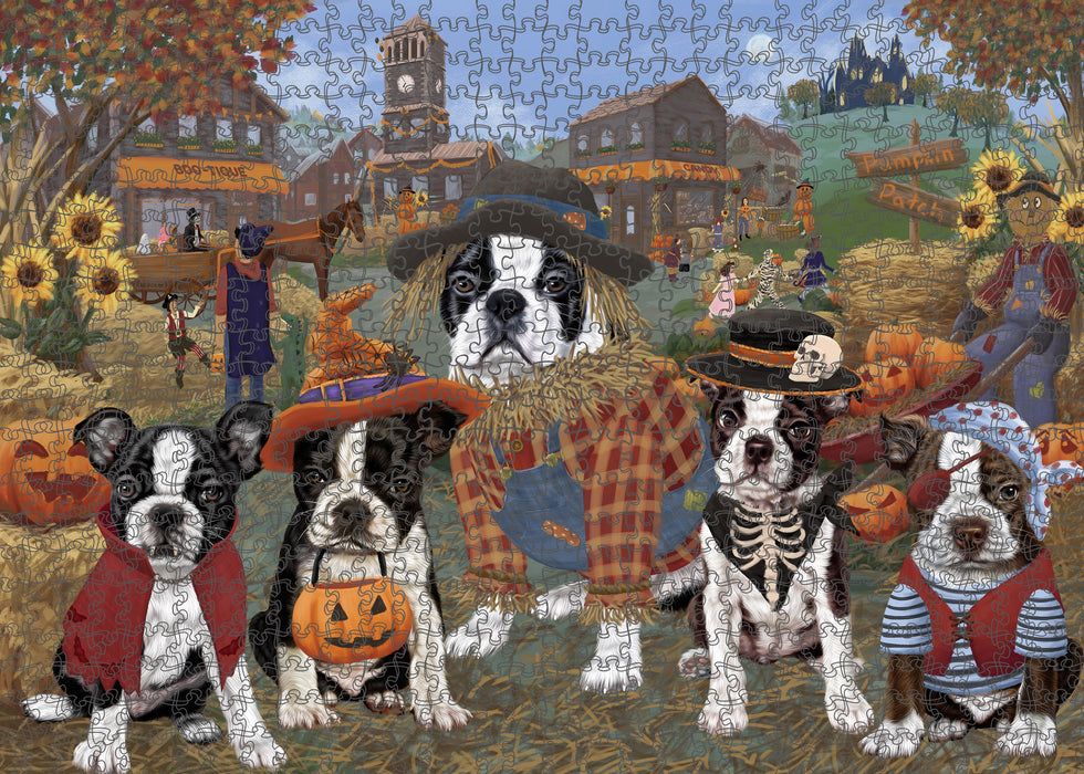 Halloween 'Round Town And Fall Pumpkin Scarecrow Both Boston Terrier Dogs Puzzle with Photo Tin PUZL96224
