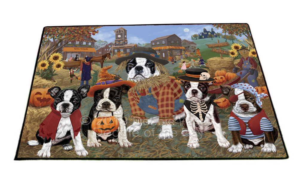 Halloween 'Round Town And Fall Pumpkin Scarecrow Both Boston Terrier Dogs Floormat FLMS53882