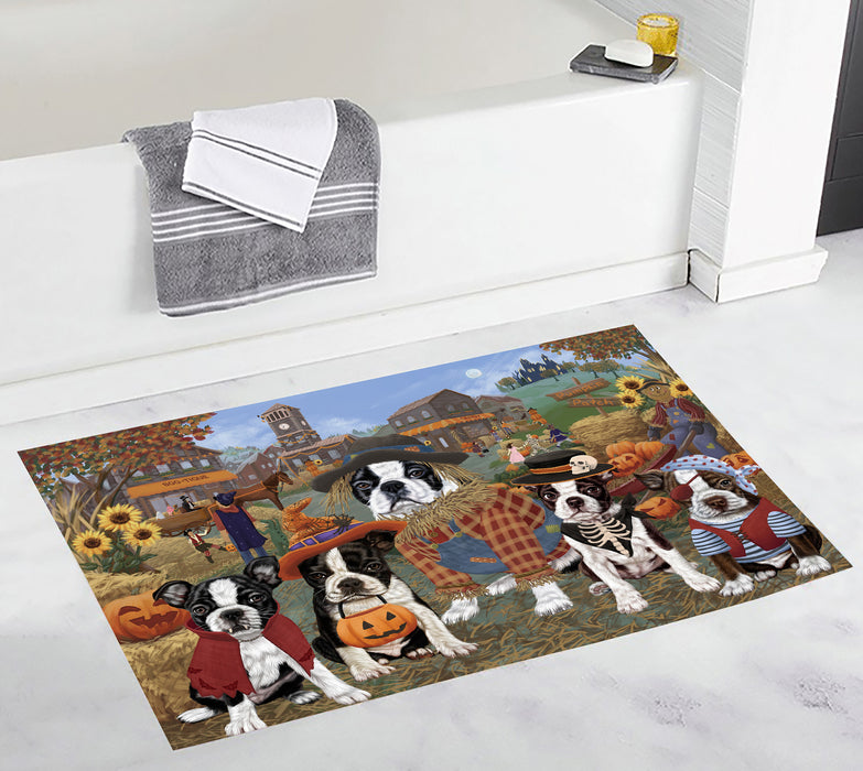 Halloween 'Round Town and Fall Pumpkin Scarecrow Both Boston Terrier Dogs Bath Mat
